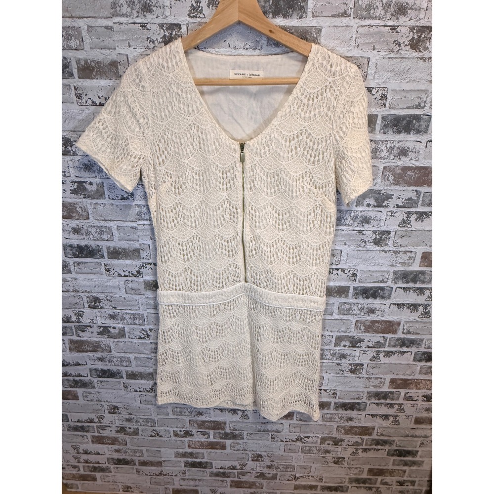 Sezane x La Redoute Lace Mini Dress Womens 6 Cream V-Neck Zip Front Short Sleeve